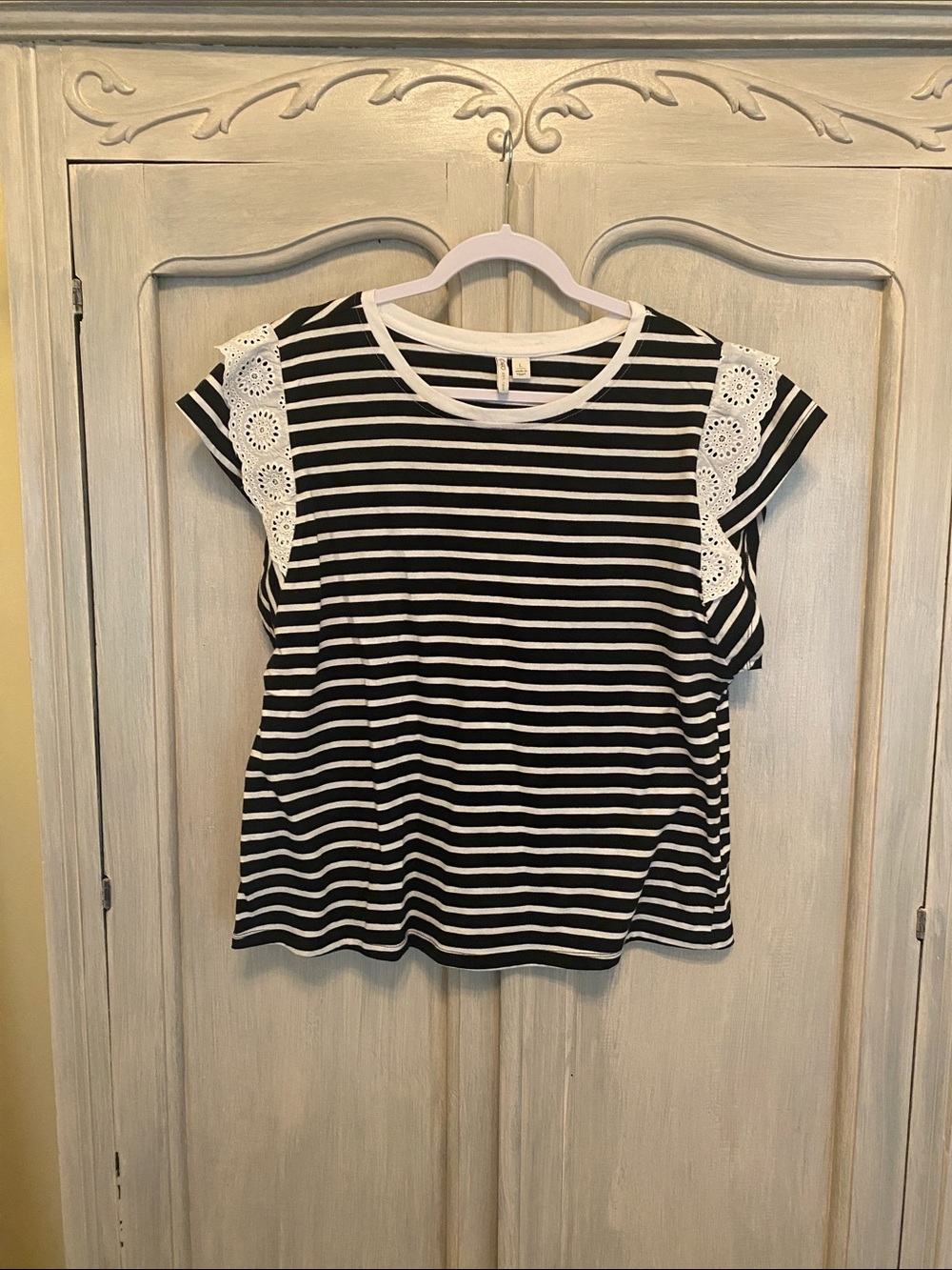 Cato Black & White Striped Tee with Eyelet Cap Sleeves